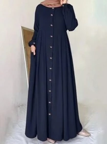Women Plain Color Front Button Long Sleeve Pocket Minimalist Arabic Style Dress,Modest Casual Spring - Navy Blue - View 2