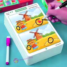 Interactieve "Zoek de verschillen" schildertraining - Educatieve aandachtstraining, inclusief uitwisbare kaarten - vakantiecadeau, schilderbenodigdheden, educatief plezier voor kinderen Zoek de verschillen Gerichte denktrainingskaarten, Intellectuele tafelspelkaarten, Moeilijkheidsgraad verhogen, Observatievermogen verbeteren, Vroege educatieve verlichting Zoek de verschillen Gerichte trainingskaarten, Gerichte denk- en logicatraining, Herbruikbaar papierontwerp