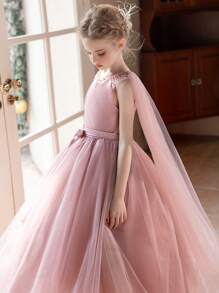 带透明斗篷的 Tween Girl 粉色长礼服，婚礼、生日派对花童礼服 - 粉色 - 查看 7