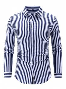 Men's Casual Striped Front Button Long Sleeve Simple Shirt, Fall - Blue - View 1