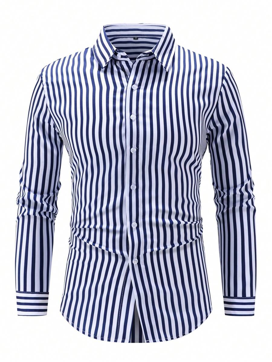 Men's Casual Striped Front Button Long Sleeve Simple Shirt, Fall - Blue - View 1