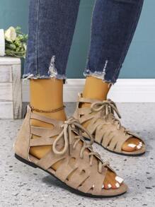 Women's Fashion Versatile Sandals With Back Zipper, Drawstring, Hollow-Out Design, Round Toe, Open Toe, Flat, Lace-Up, Outdoor, Comfortable, Plus Size, Breathable, Summer And Spring