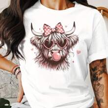 Cute Highland Cow With Hearts T-Shirt, Adorable Cow Tee With Bow, Fun Cow Art Shirt For Animal Lovers, Charming Cow Design Tee