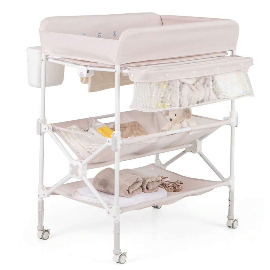 Portable Baby Changing Table Folding Diaper Changing Station With Wheels Adjustable Height & Large Storage Rack - Beige - View 1