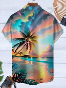 夏威夷日落风景和棕榈树海滩 3D 印花纽扣式短袖男士衬衫 - 彩色 - 查看 3