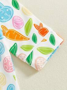 Baby Girl Spring Romper Long Sleeve Lapel Collar Easter Egg Print Jumpsuit - White - View 5