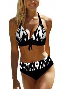Women's Summer Swimsuit 2 Pcs Set, Big Dot Print V-Neck Bra + Middle Waist Shorts Beachwear