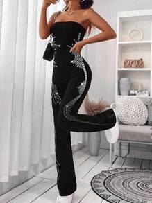 Macacão Brilhante com Strass Sexy e Sem Mangas Decote em Halter Para Mulheres, Ideal para Festas, Concertos, Raves, Festivais, Boates