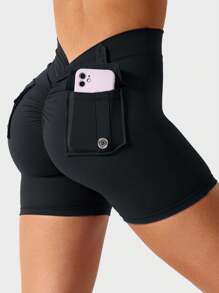 VOYJOY Workout Shorts With Pockets For Women V Back Scrunch High Waisted Shorts Charm Gym Yoga Biker Shorts Black - màu đen - Xem 5