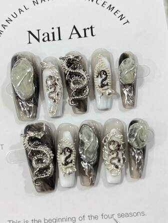 1Pc/10Pcs Pure Handmade Light Luxury Dragon Wearable Nail Stickers Dragon High-End Wearable Nail Long Detachable Black Series Nail Art Light Luxury Press On Nails Nail Supplies Nails