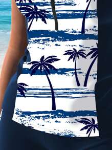 AguaCube Print Tankini Set For Women - Stretchy Polyester & Elastane, Shoulder-Baring Design With Shorts Bottoms, Machine Washable, Coconut Tree Print Swimwear - 藍色 - 查看 4