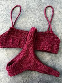 Sexy Women Pleated Bikini Swimwear Two Pieces Halter Push Up Triangle Beach Bathing Suit Swimsuit - 酒紅色 - 查看 1