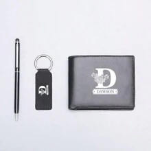 3pcs Men's Gift Set, Men's Leather Wallet Set, Cowhide Ticket Holder Wallet, Short Wallet, Keychain, Ballpoint Pen Set, Valentine's Day Gift For Husband, Brother, Father - Multicolor - View 3