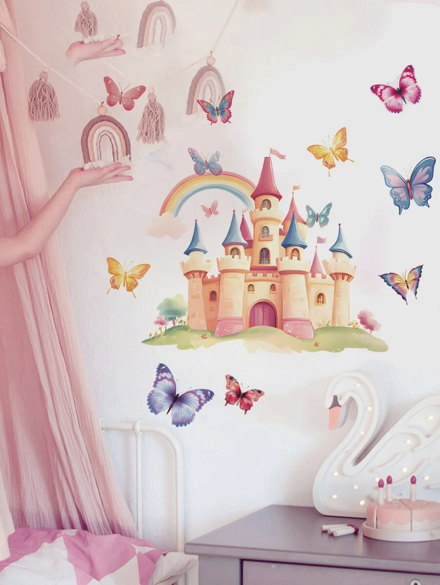 1 件 11.81*35.4 英寸蝴蝶与卡通城堡墙贴，可移除墙贴适用于卧室、客厅、房间装饰、家居装饰、墙壁装饰、浴室装饰、卧室装饰、房间装饰用品、客厅装饰、房屋装饰、家居装饰、客厅墙纸贴纸、个性化贴纸 - 藕粉色 - 查看 1
