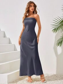 LOVE&LEMONADE Women Solid Color Simple Everyday Strapless Dress, Party Dress, Wedding Guest Cocktail Dress - Dark Grey - View 3