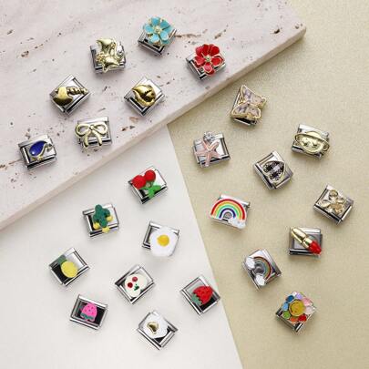 1 PIEZA Componente de brazalete de módulo italiano de acero inoxidable, con accesorios como cerezas, fresas, flores, arcoíris, etc. para hacer manualmente joyas como brazaletes y collares, que se pueden combinar libremente con diferentes estilos