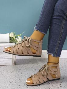 Women's Fashion Versatile Sandals With Back Zipper, Drawstring, Hollow-Out Design, Round Toe, Open Toe, Flat, Lace-Up, Outdoor, Comfortable, Plus Size, Breathable, Summer And Spring