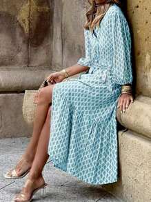 Vestido casual/de trabajo con estampado floral de 360 grados y cinturón para mujeres