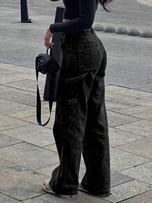 Y2K 宽松黑色工装牛仔裤，度假风女装休闲水洗阔腿牛仔裤，性感街头风牛仔裤，2026 春夏款 - 黑色 - 查看 4