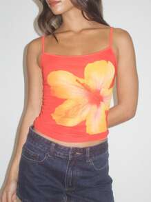 Women's Summer Slim Fit Cami Tops Sleeveless Open Back Low Cut Floral Print Tank Tops