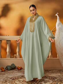 AmazingHoney Elegant Light Green Abaya With Gold Beads Embellished Trim, Luxurious Long Modest Dress For Women, Arabic Dresses (Oversized Fit– Please Check Size Chart), Kaftan - Light Green - View 9