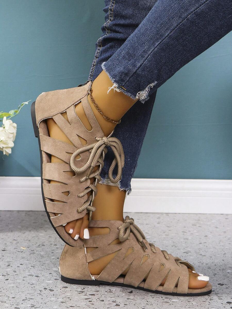 Women's Fashion Versatile Sandals With Back Zipper, Drawstring, Hollow-Out Design, Round Toe, Open Toe, Flat, Lace-Up, Outdoor, Comfortable, Plus Size, Breathable, Summer And Spring