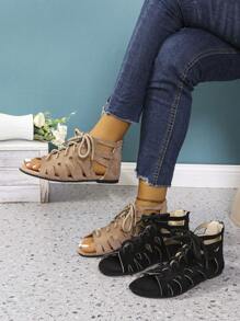 Women's Fashion Versatile Sandals With Back Zipper, Drawstring, Hollow-Out Design, Round Toe, Open Toe, Flat, Lace-Up, Outdoor, Comfortable, Plus Size, Breathable, Summer And Spring