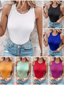 ChicMe Women Ribbed O-Neck Knit Sleeveless Cami Top Basic Slim Fit Tummy Control Tank Casual Top - Black - View 6