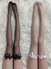 2 Pairs Black White Sexy Overknee Long Socks Women Sweet Girls Lolita Bowknot Thigh High Fishnet Stockings Gothic Punk Lace Mesh Legging