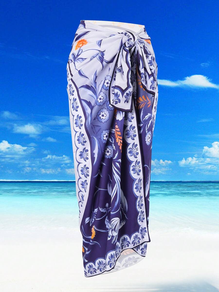 1pc Retro Print Simple Daily Beach Skirt For Women - Blue - View 1