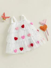 ​​Toddler Girl A-Line Tulle Dress, Sleeveless Square Neck featuring Bow Front and Heart, Pretty Holiday Dress - Blanco - Ver 3