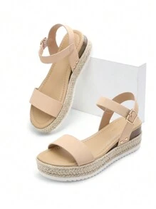 Women's Platform Sandals Open Toes, Espadrille One-Strap Comfortable And Versatile Ankle Straps, Summer Vacation Commuting Wedge Sandals - 裸色 - 查看 5