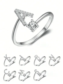 ESBERRY 1入組縮寫字母A-Y可調節戒指適合女士S925純銀個性化環精細首飾類生日禮物 - 銀色 - 查看 11