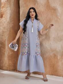 Arabic Style Women Elegant Long Dress JALABIA 2025, Spring & Summer, Ramadan - Baby Blue - View 7