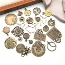 31pcs Random Mix Antiqued Bronze Clock Face Charm Pendant, Mixed Gears Steampunk Charms Pendants DIY For Necklace Bracelet Jewelry Making And Crafting