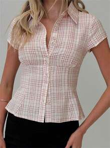 Women's Plaid Button Down Shirt Short Sleeve Summer Casual Collared Slim Fit Casual Tops Blouse - Hồng - Xem 6