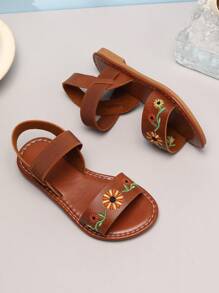 一双可爱简约的女童凉鞋，绣有雏菊图案，鞋面弹性可调节，圆头软底公主鞋，适合夏季穿着。 - 棕色 - 查看 3
