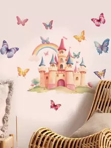 1 件 11.81*35.4 英寸蝴蝶与卡通城堡墙贴，可移除墙贴适用于卧室、客厅、房间装饰、家居装饰、墙壁装饰、浴室装饰、卧室装饰、房间装饰用品、客厅装饰、房屋装饰、家居装饰、客厅墙纸贴纸、个性化贴纸 - 藕粉色 - 查看 5