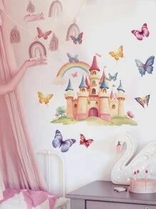 1 件 11.81*35.4 英寸蝴蝶与卡通城堡墙贴，可移除墙贴适用于卧室、客厅、房间装饰、家居装饰、墙壁装饰、浴室装饰、卧室装饰、房间装饰用品、客厅装饰、房屋装饰、家居装饰、客厅墙纸贴纸、个性化贴纸 - 藕粉色 - 查看 2