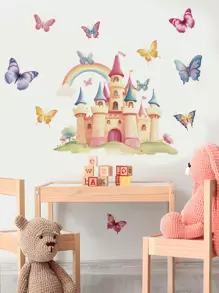 1 件 11.81*35.4 英寸蝴蝶与卡通城堡墙贴，可移除墙贴适用于卧室、客厅、房间装饰、家居装饰、墙壁装饰、浴室装饰、卧室装饰、房间装饰用品、客厅装饰、房屋装饰、家居装饰、客厅墙纸贴纸、个性化贴纸 - 藕粉色 - 查看 3