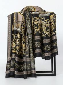 1件奢华时尚宫廷印花围巾，复古缎面披肩，仿丝头巾，休闲防风防晒旅行连衣裙 - 黑色 - 查看 7