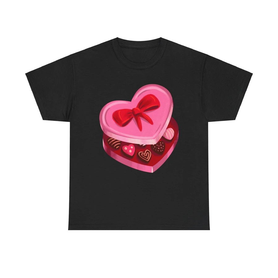 Heart Shaped Chocolate Box T Shirt Valentine S Day Love Sweet Gift Cute - 黑色 - 查看 1