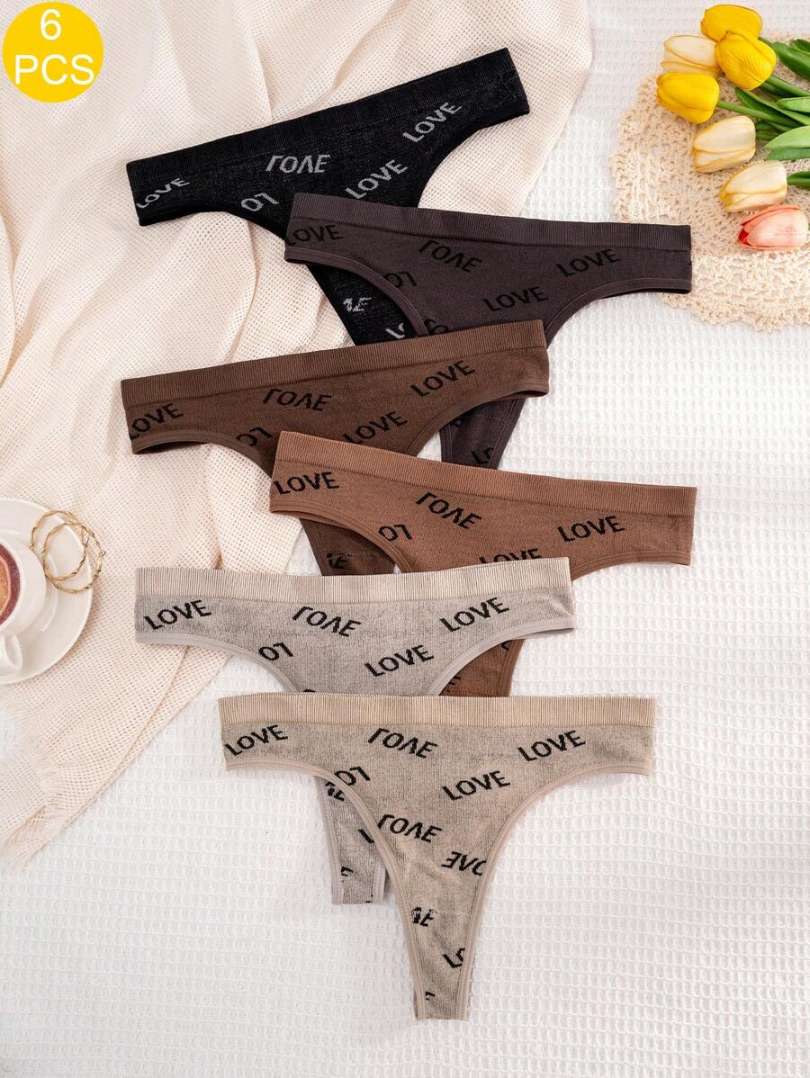 6 条装女士无缝纯色爱心图案丁字裤