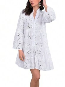 Đầm dài tay dáng rộng màu trơn ren họa tiết ren, thích hợp cho mùa xuân và hè, phù hợp cho đám cưới, hoạt động ngoài trời và mặc ở nhà. Trang phục mùa hè nữ, phong cách công sở thường ngày, màu trắng thanh lịch. - trắng - Xem 5