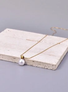 1pc Fashionable Minimalist Pearl Stainless Steel Gold Necklace, Jewelry Gift For Her, Everyday Wear