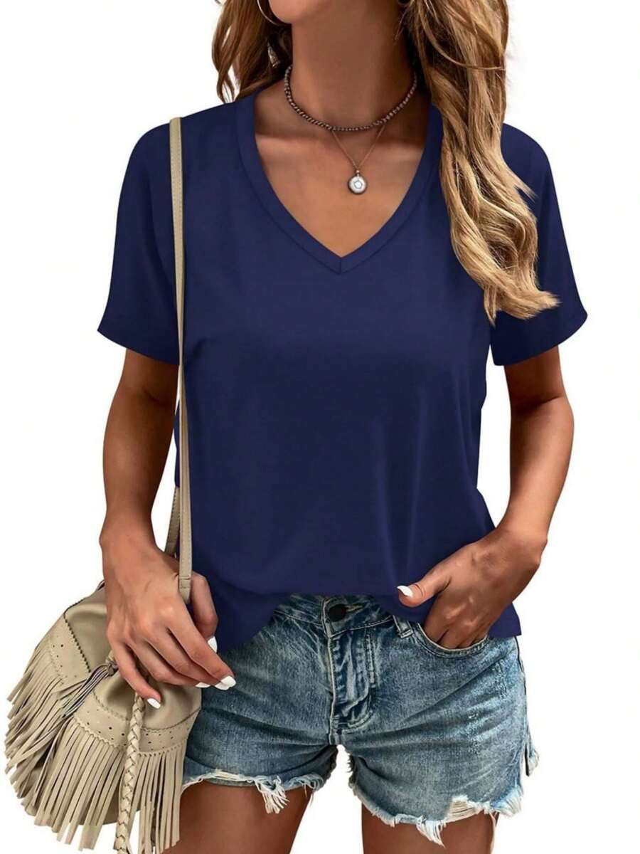 KAHULE Women's V-Neck T Shirt Short Sleeve Shirt Classic-Fit Casual Breathable Tee Summer Basic Tops - màu xanh hải quân - Xem 1