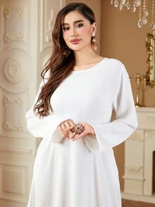 SISKAKIA Muslim Women Prayer Clothes Round Neck Solid Full Sleeve Loose Long Dress Elegant Casual Kaftan Abaya Dubai,Modest - White - View 5