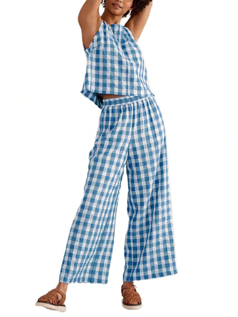 Women 2 Piece Outfits Cotton Gingham Pajama Set Y2K Plaid Sleeveless Top Wide Leg Pants Lounge Matching Set - Màu xanh lam - Xem 1