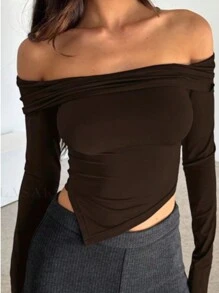 女士露肩紧身休闲长袖基本款 T 恤，适合春夏上衣 - 摩卡棕 - 查看 3
