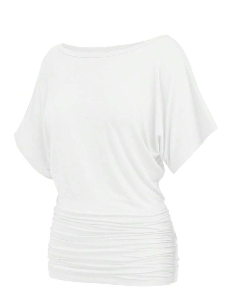 KAHULE Womens Boat Neck Short Sleeve  Side Shirring Dolman Drape Top - trắng - Xem 1